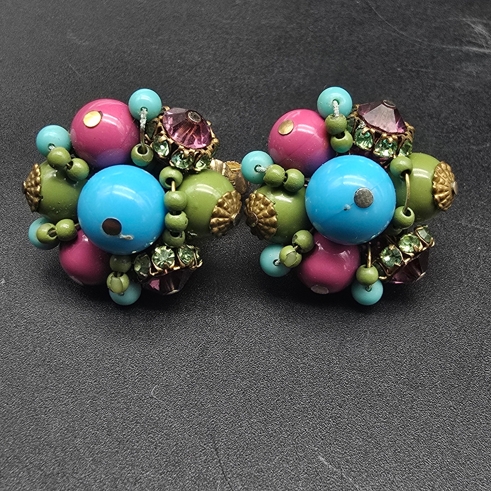 Vendome Pink Green Blue Clip On Earrings Beaded Cluster Vintage Costume Jewelry